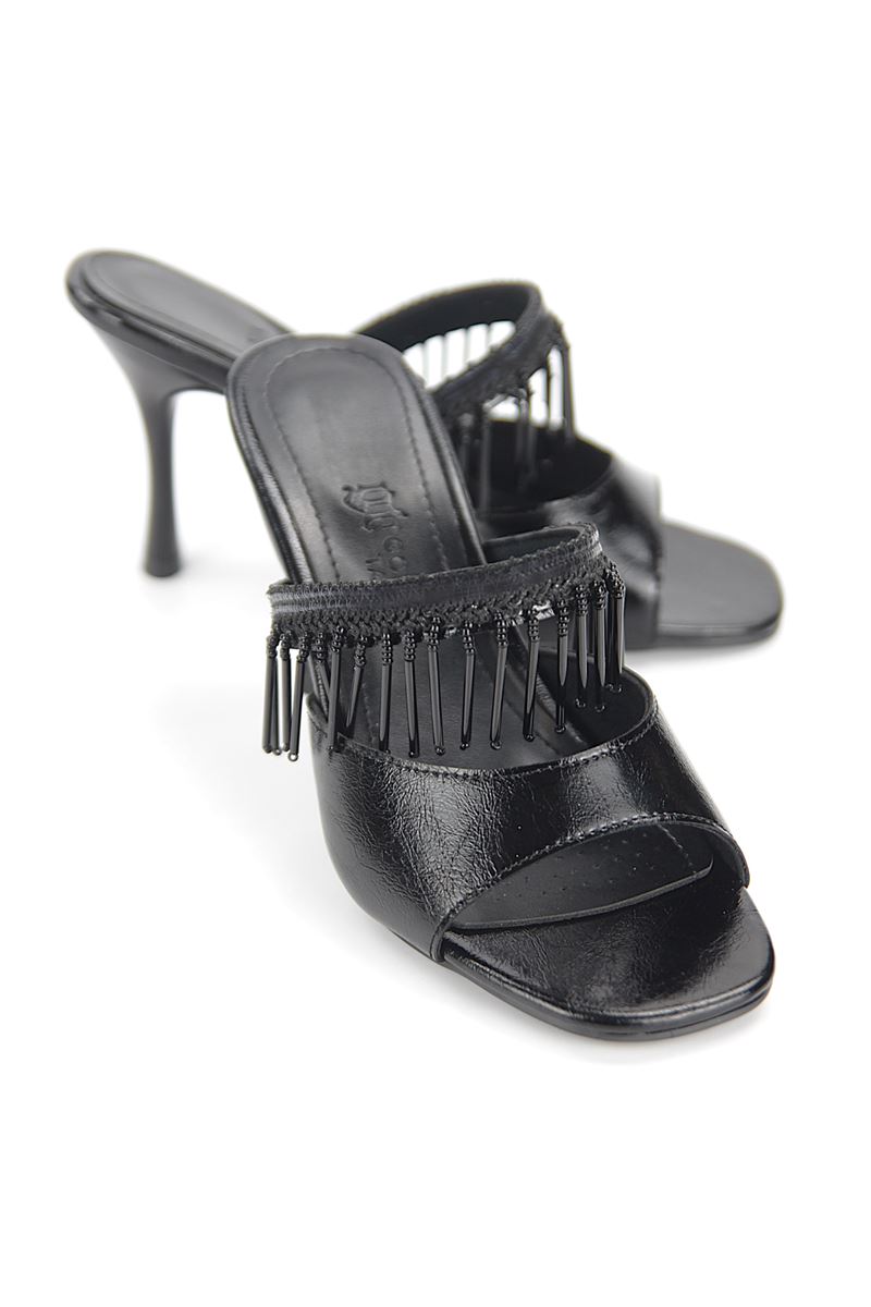 Frina Esnek Yumuşak Kaymaz Taban (8 cm) Siyah Rugan Boncuk Püsküllü Kadın Topuklu Terlik