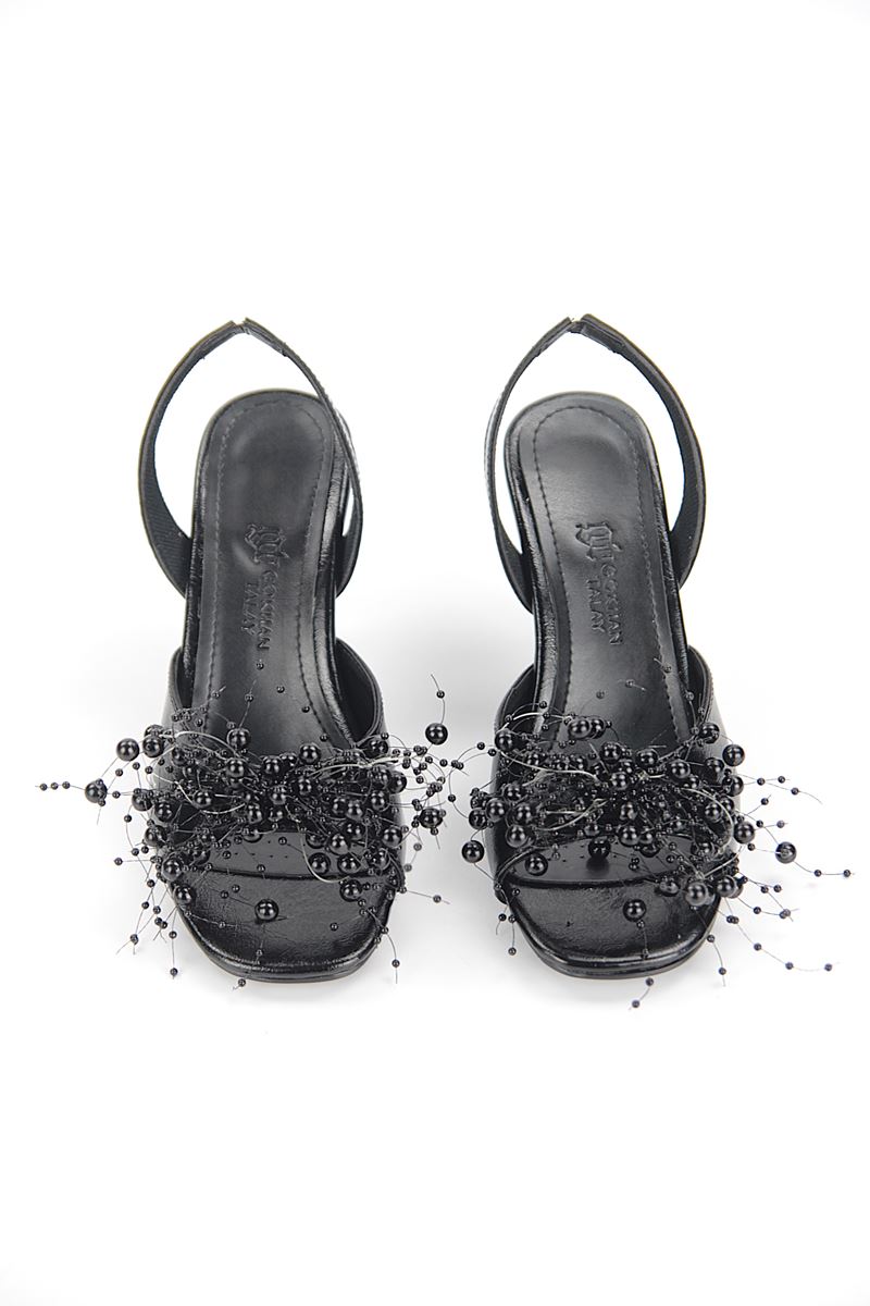 Luvira Esnek Yumuşak Kaymaz Taban (8 cm) Siyah Rugan El Yapımı Boncuk Detaylı Kadın Topuklu Ayakkabı