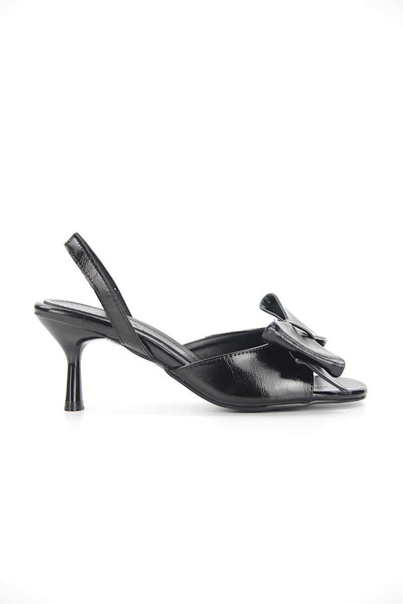 Liora Esnek Yumuşak Kaymaz Taban (4 cm) Siyah Rugan Fiyonk Detaylı Kadın Topuklu Ayakkabı