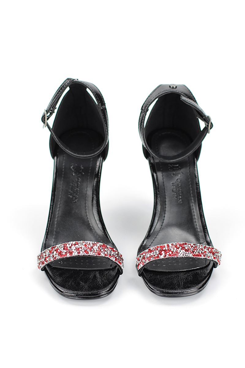 Raven Esnek Yumuşak Kaymaz Taban (8 cm) Siyah Rugan  Kırmızı Taş Bantlı Kadın Topuklu Ayakkabı