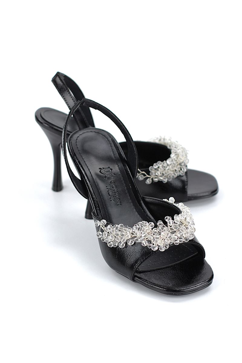 Vela Esnek Yumuşak Kaymaz Taban (8 cm) Siyah Rugan El Yapımı Şeffaf Boncuk Detaylı Kadın Topuklu Ayakkabı