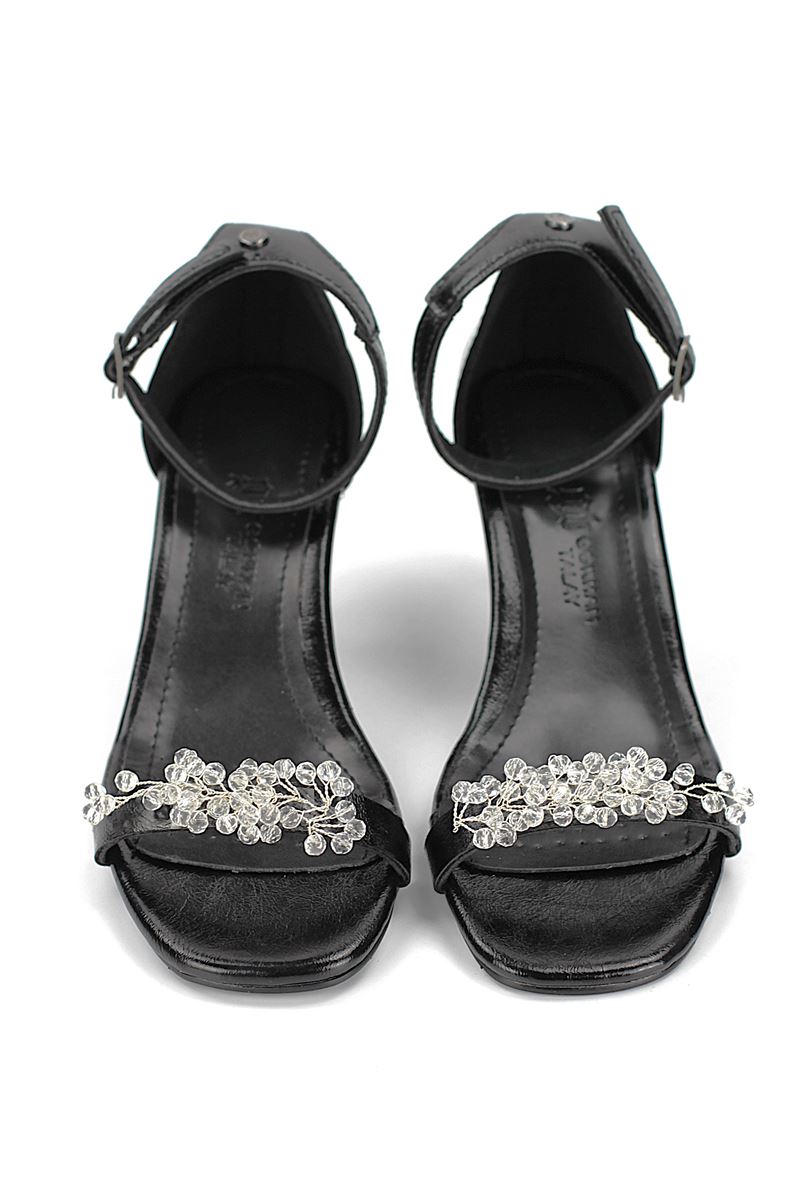 Pearl Esnek Yumuşak Kaymaz Taban (4 cm) Siyah Rugan El Yapımı Şeffaf Boncuk Detaylı Kadın Topuklu Ayakkabı