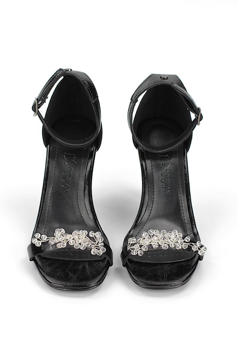 Zaya Esnek Yumuşak Kaymaz Taban (8 cm) Siyah Rugan El Yapımı Şeffaf Boncuk Detaylı Kadın Topuklu Ayakkabı