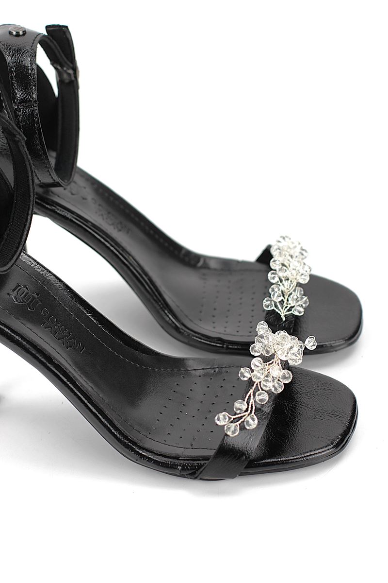 Zaya Esnek Yumuşak Kaymaz Taban (8 cm) Siyah Rugan El Yapımı Şeffaf Boncuk Detaylı Kadın Topuklu Ayakkabı