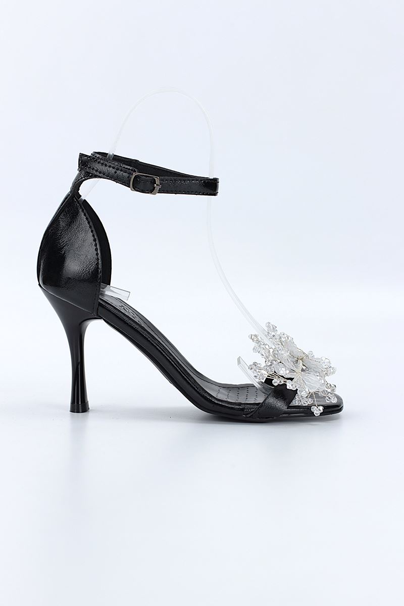 Kallista Esnek Yumuşak Kaymaz Taban (8 cm) Siyah Rugan El Yapımı Şeffaf Yaprak Detaylı Kadın Topuklu Ayakkabı