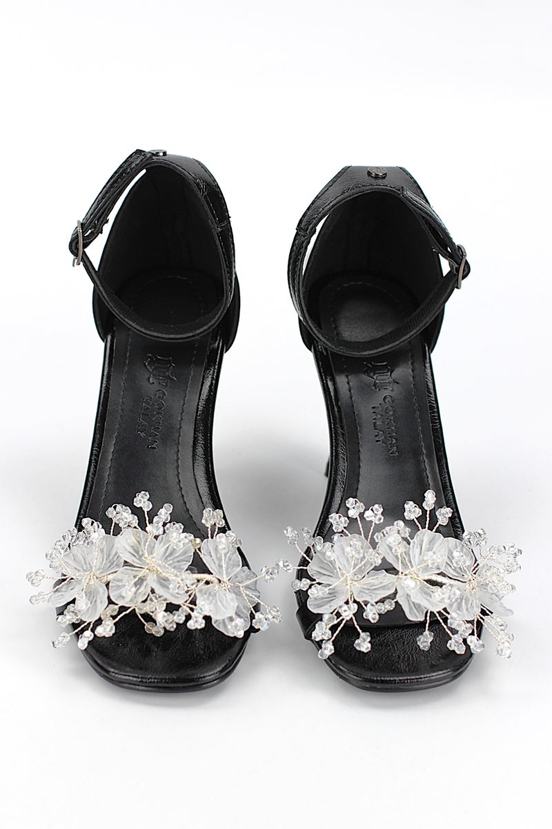 Kallista Esnek Yumuşak Kaymaz Taban (8 cm) Siyah Rugan El Yapımı Şeffaf Yaprak Detaylı Kadın Topuklu Ayakkabı