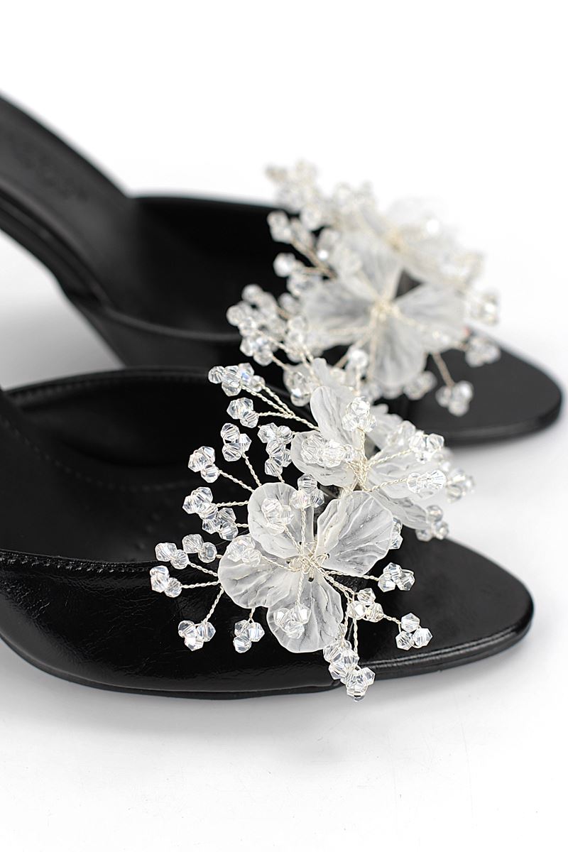 Cosima Esnek Yumuşak Kaymaz Taban (8 cm) Siyah Rugan El Yapımı şeffaf Yaprak Detaylı Kadın Topuklu Terlik 