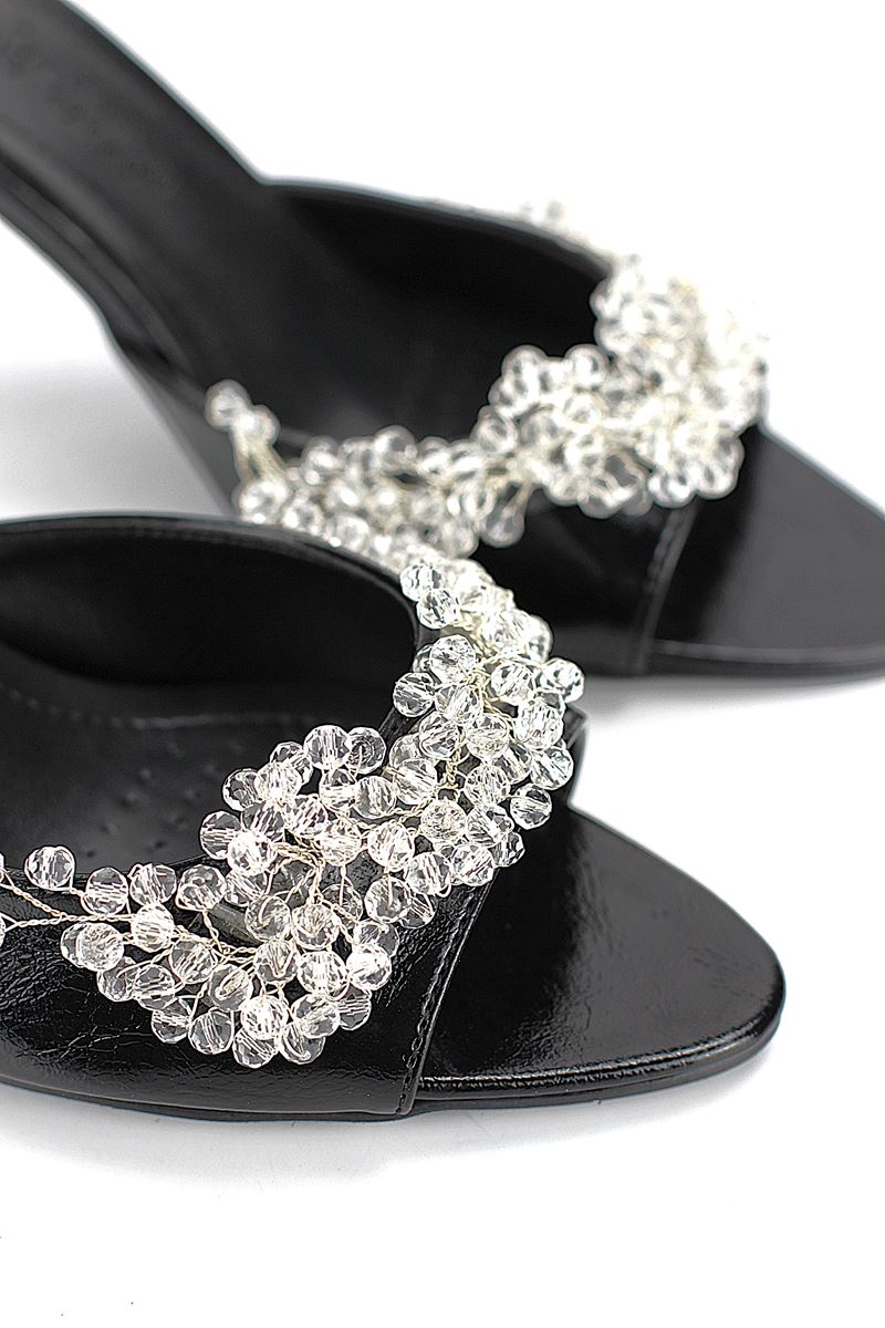 Lucine Esnek Yumuşak Kaymaz Taban (8 cm) Siyah Rugan El Yapımı Şeffaf Boncuk Detaylı Kadın Topuklu Terlik 