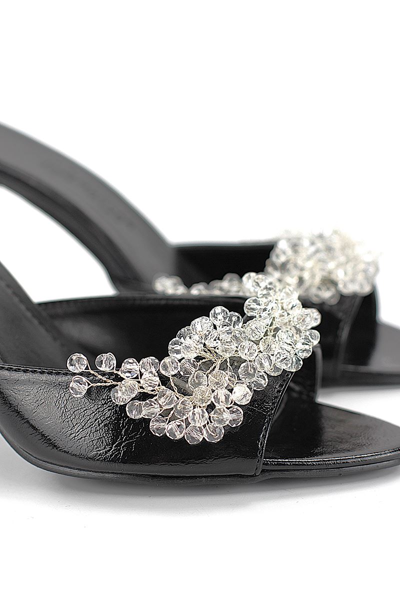 Lucine Esnek Yumuşak Kaymaz Taban (8 cm) Siyah Rugan El Yapımı Şeffaf Boncuk Detaylı Kadın Topuklu Terlik 