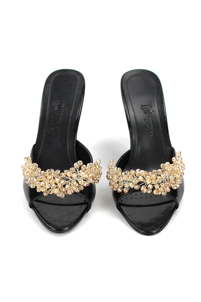 Lucine Esnek Yumuşak Kaymaz Taban (8 cm) Siyah Rugan El Yapımı Altın Boncuklu Kadın Topuklu Terlik 