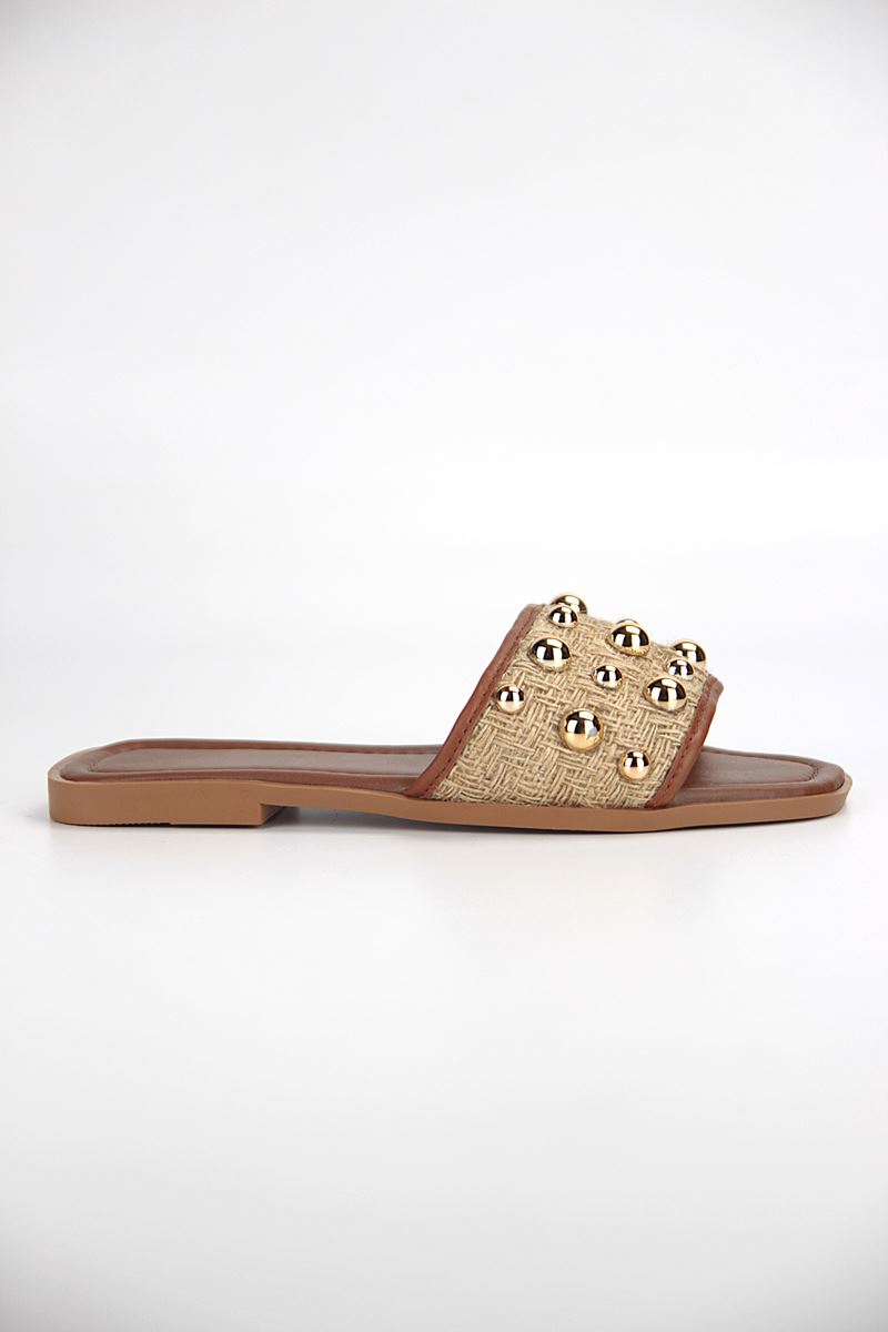 May Kadın Hasır Zımba Toka Detaylı Taba Cilt Terlik