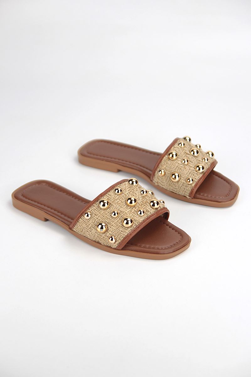 May Kadın Hasır Zımba Toka Detaylı Taba Cilt Terlik