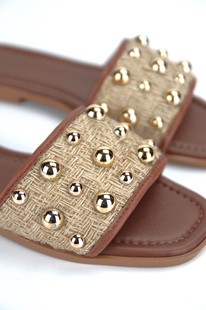 May Kadın Hasır Zımba Toka Detaylı Taba Cilt Terlik