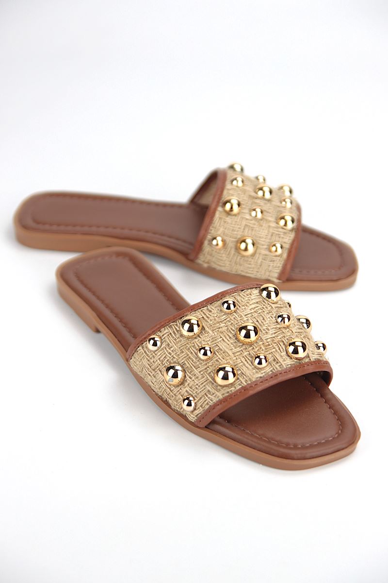 May Kadın Hasır Zımba Toka Detaylı Taba Cilt Terlik