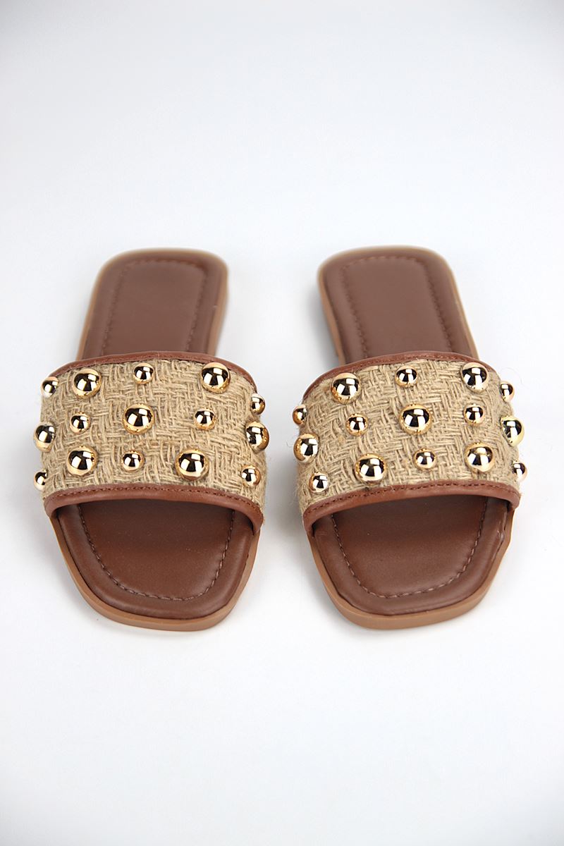 May Kadın Hasır Zımba Toka Detaylı Taba Cilt Terlik