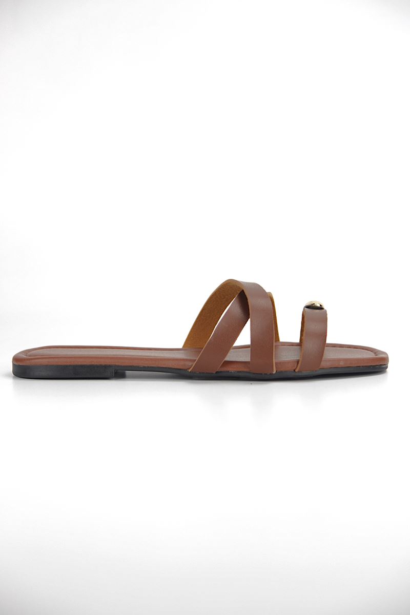  Sintra Kadın Taba Cilt Altın Renk Toka Detaylı İnce Çapraz  Terlik