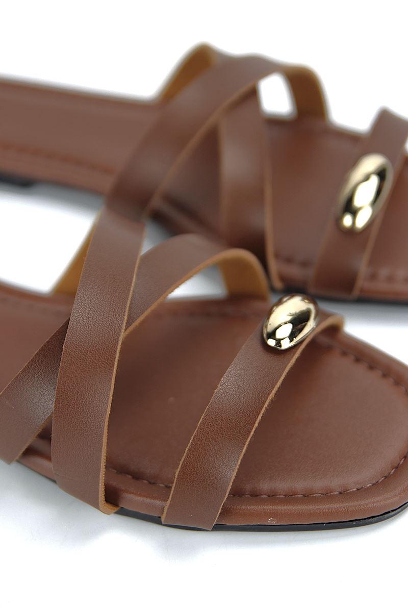  Sintra Kadın Taba Cilt Altın Renk Toka Detaylı İnce Çapraz  Terlik