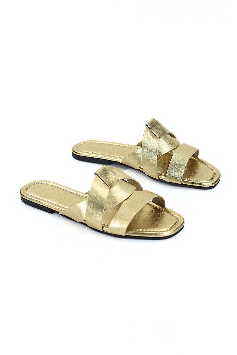 Venza Kadın Çapraz Geçme  Dore Metalik Cilt Terlik