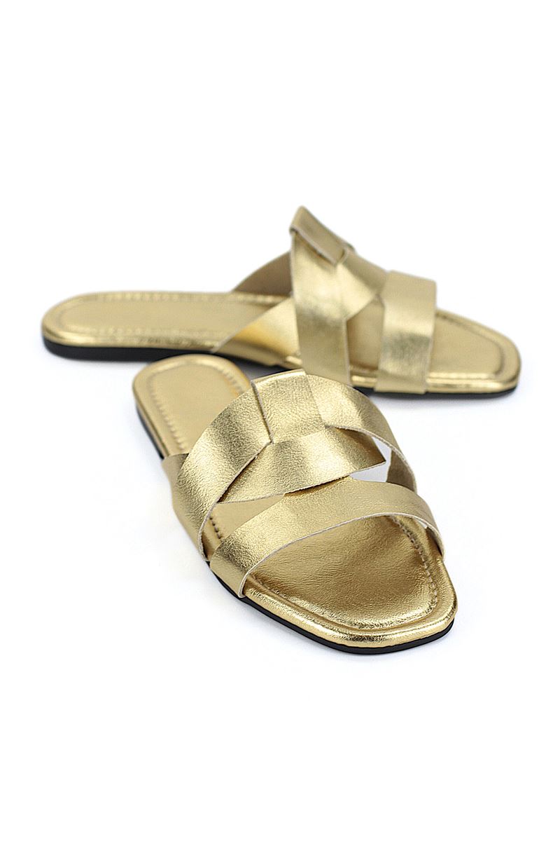 Venza Kadın Çapraz Geçme  Dore Metalik Cilt Terlik