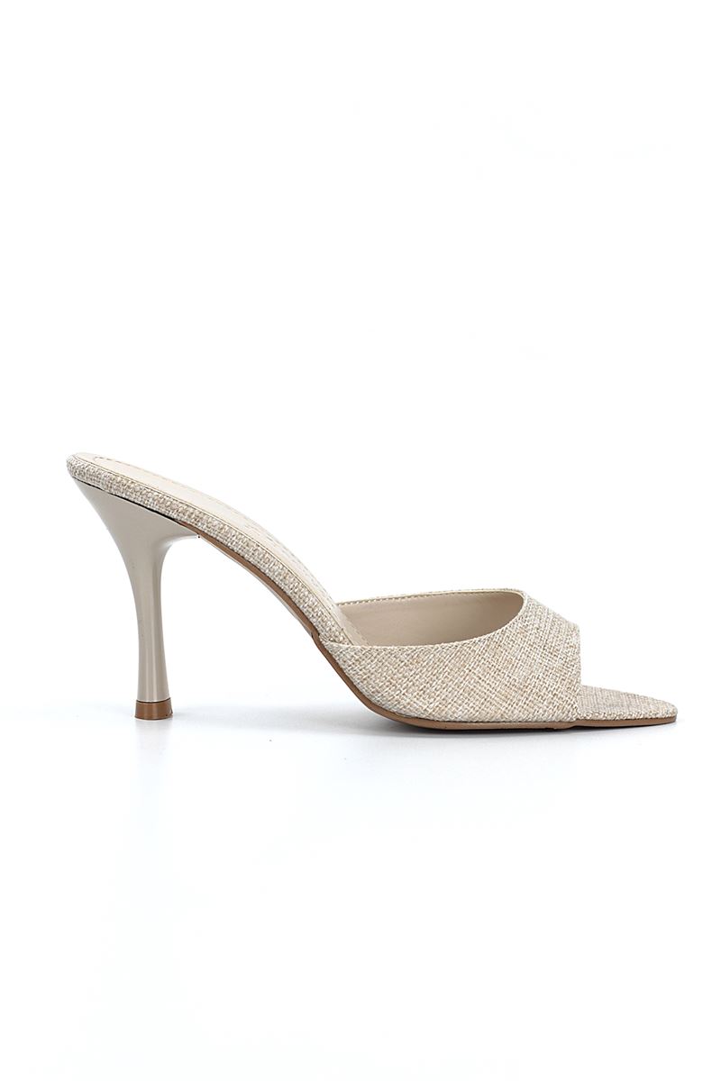 Zafira Esnek Yumuşak Kaymaz Taban (8 cm) Bej Keten Kadın Topuklu Terlik