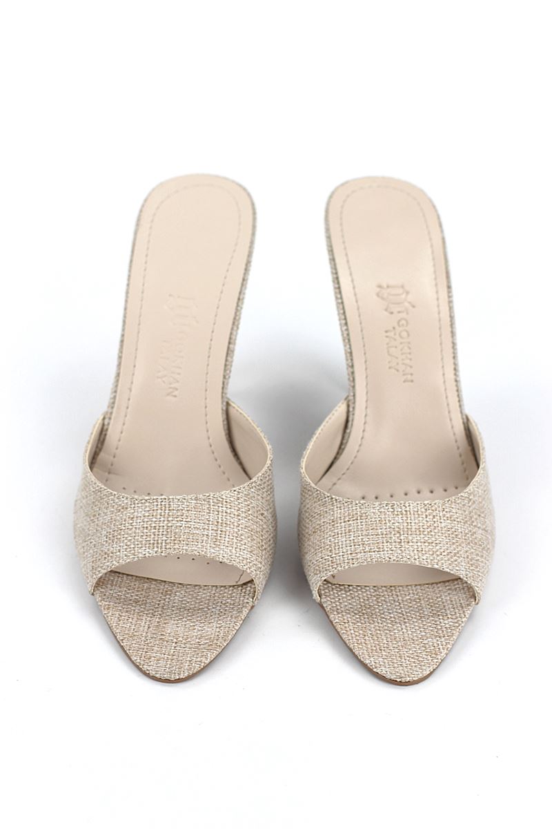 Zafira Esnek Yumuşak Kaymaz Taban (8 cm) Bej Keten Kadın Topuklu Terlik