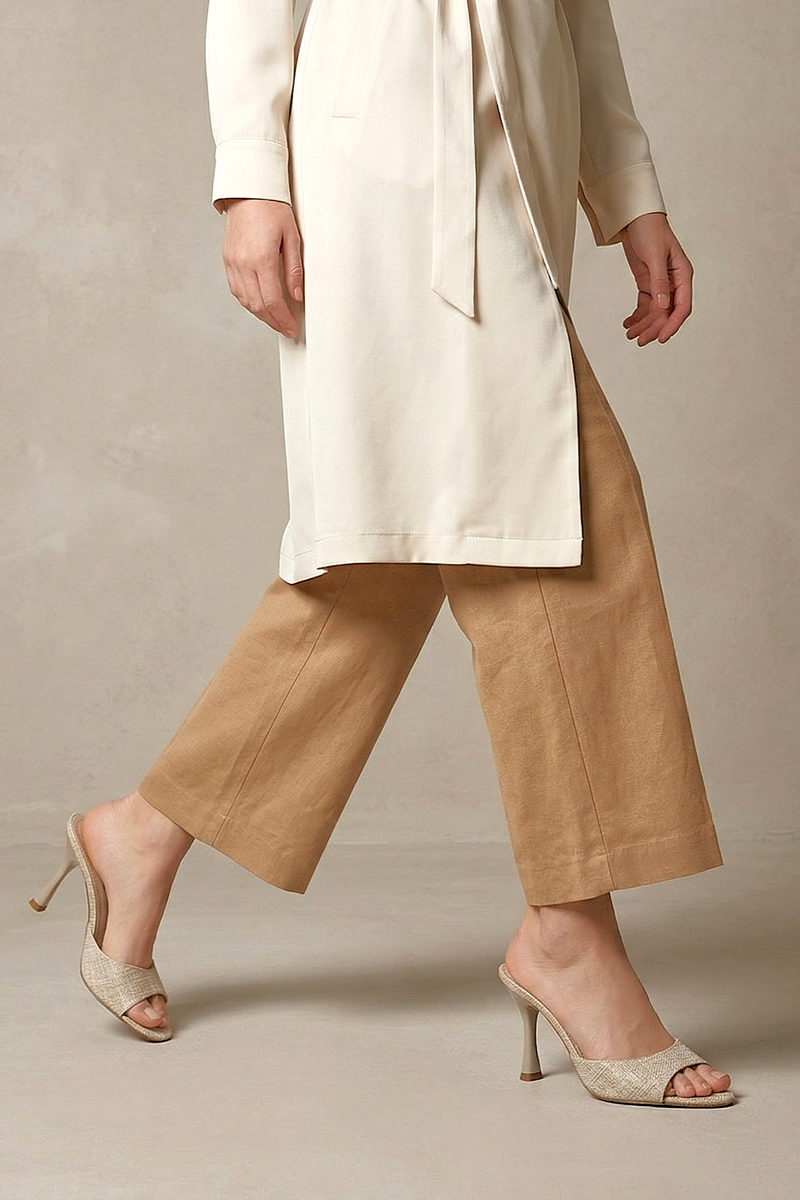 Zafira Esnek Yumuşak Kaymaz Taban (8 cm) Bej Keten Kadın Topuklu Terlik