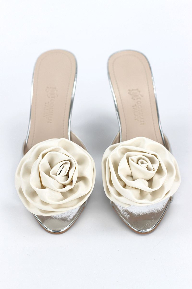 Rodeya Esnek Yumuşak Kaymaz Taban (8 cm) Lame Metalik El Yapımı Gül Detaylı Kadın Topuklu Terlik