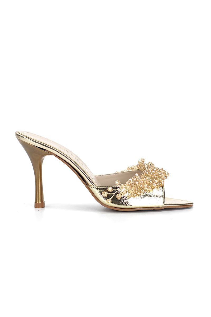 Lucine Esnek Yumuşak Kaymaz Taban (8 cm) Dore Metalik El Yapımı Boncuk Detaylı Kadın Topuklu Terlik 