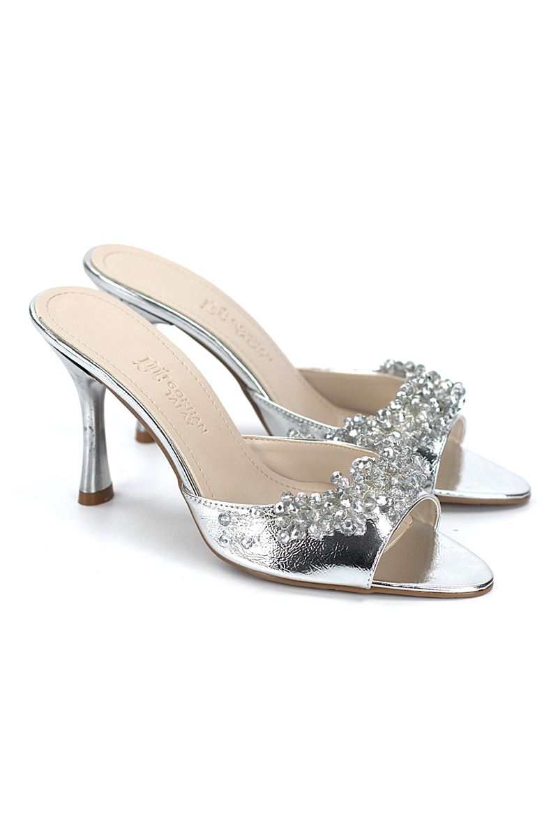 Lucine Esnek Yumuşak Kaymaz Taban (8 cm) Lame Metalik El Yapımı Boncuk Detaylı Kadın Topuklu Terlik 