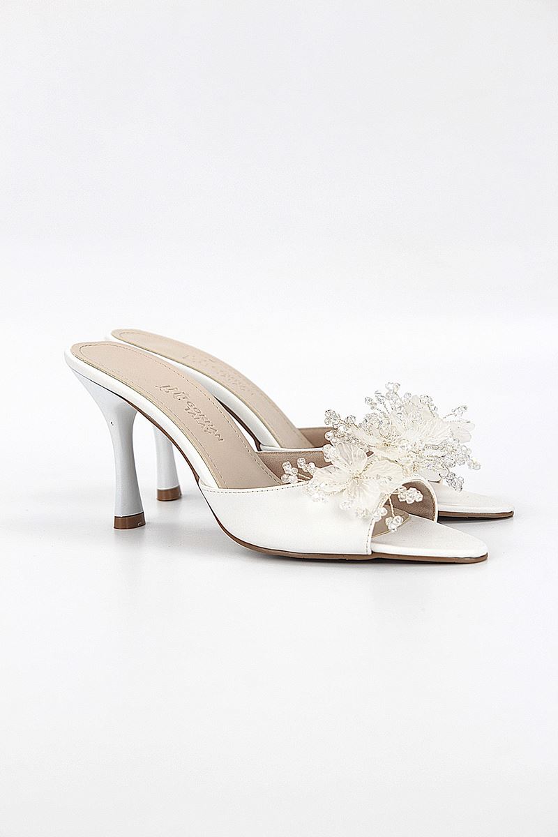 Cosima Esnek Yumuşak Kaymaz Taban (8 cm) Beyaz Cilt El Yapımı şeffaf Yaprak Detaylı Kadın Topuklu Terlik 