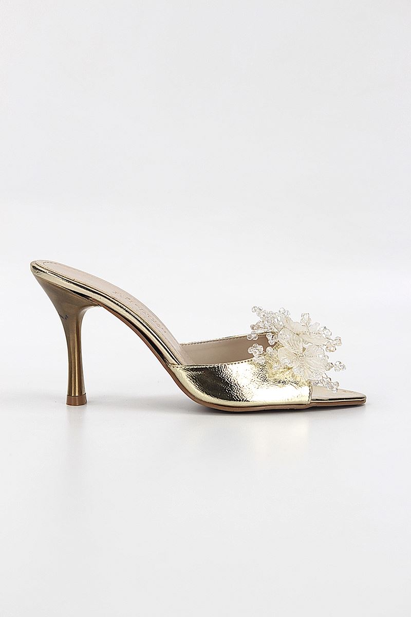 Cosima Esnek Yumuşak Kaymaz Taban (8 cm) Dore El Yapımı şeffaf Yaprak Detaylı Kadın Topuklu Terlik 