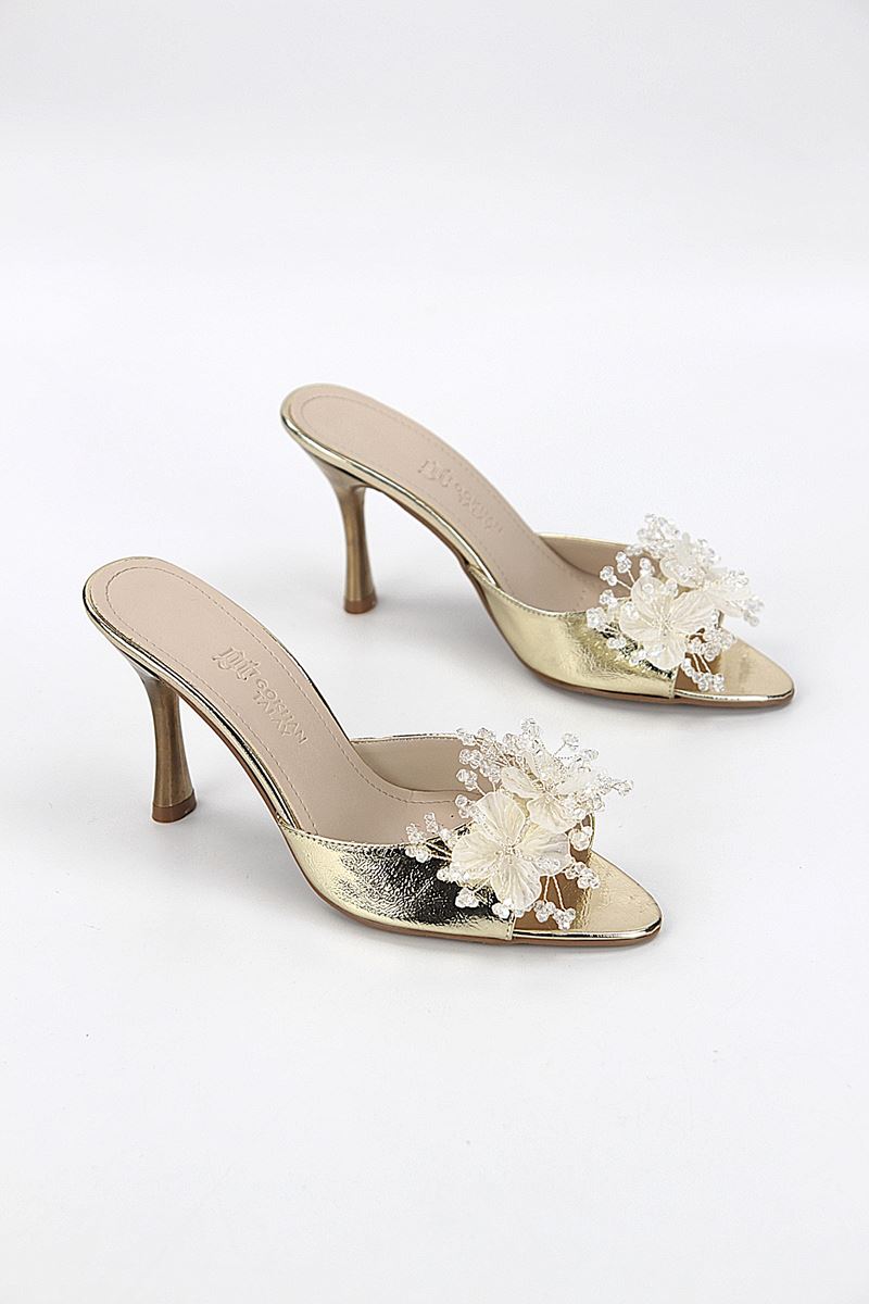 Cosima Esnek Yumuşak Kaymaz Taban (8 cm) Dore El Yapımı şeffaf Yaprak Detaylı Kadın Topuklu Terlik 