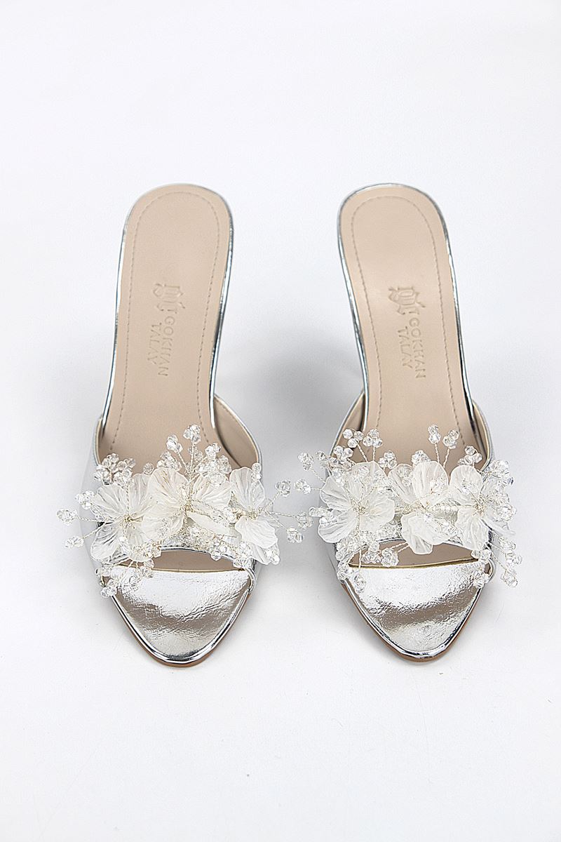 Cosima Esnek Yumuşak Kaymaz Taban (8 cm) Lame El Yapımı şeffaf Yaprak Detaylı Kadın Topuklu Terlik 