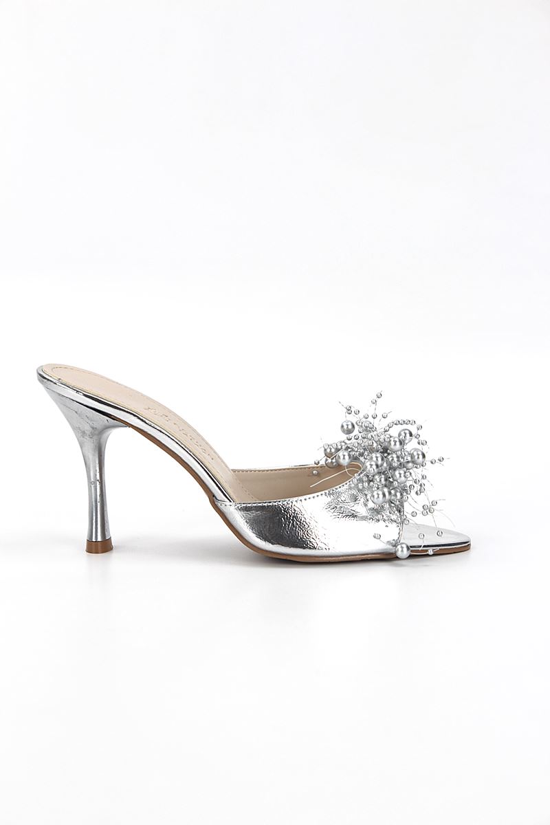 Almas Esnek Yumuşak Kaymaz Taban (8 cm) Lame Metalik El Yapımı Boncuk Detaylı Kadın Topuklu Terlik 