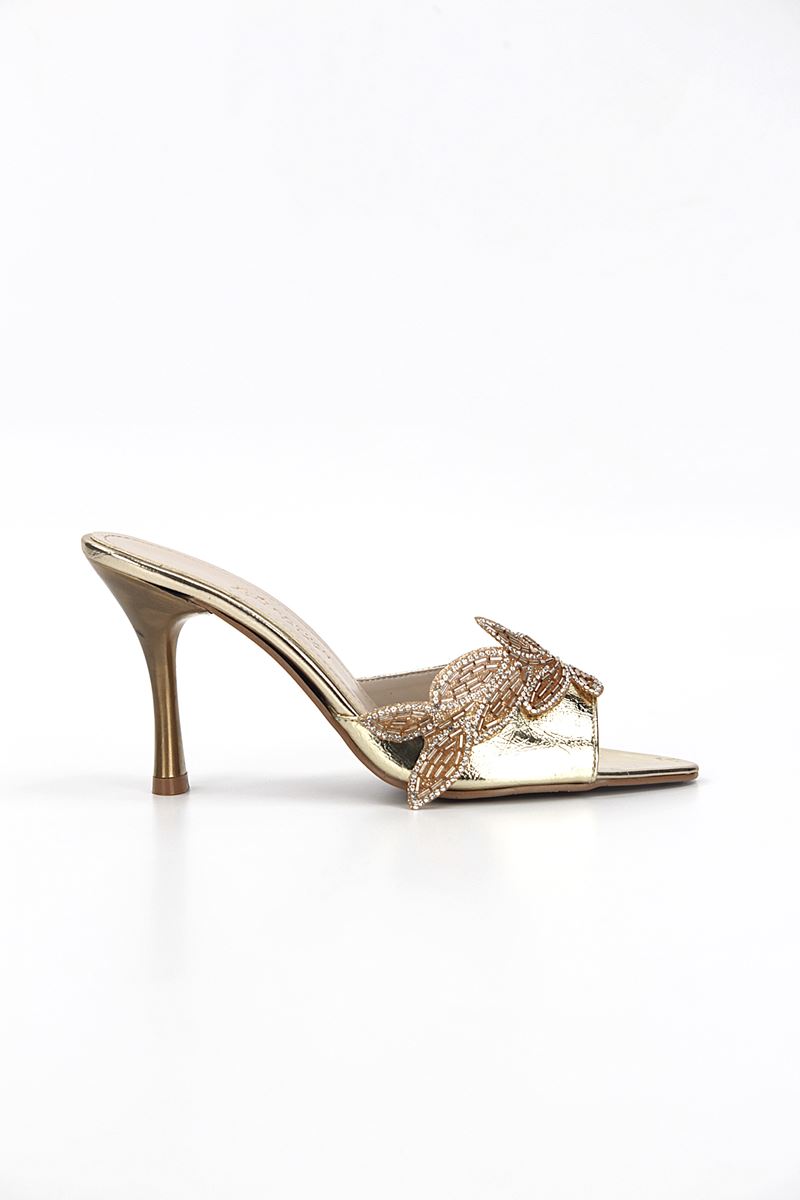 Melantha Esnek Yumuşak Kaymaz Taban (8 cm) Dore Metalik Taşlı Yaprak Detaylı Kadın Topuklu Terlik