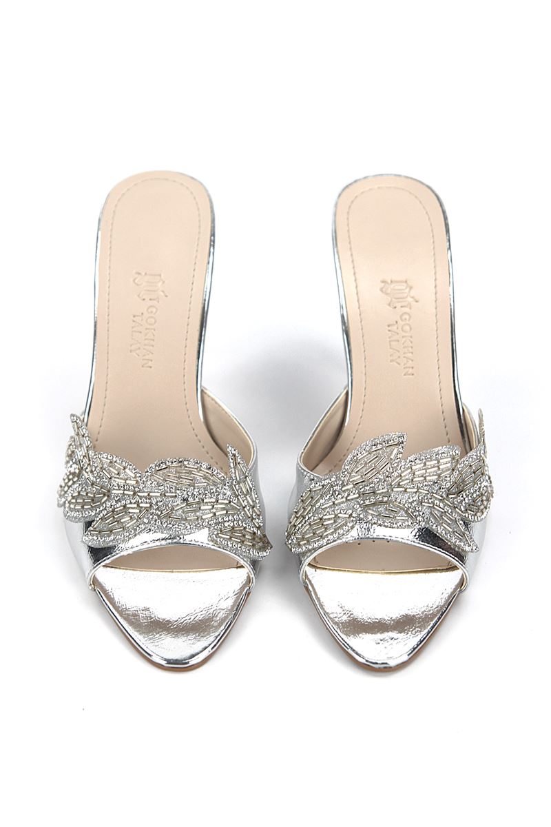 Melantha Esnek Yumuşak Kaymaz Taban (8 cm) Lame Metalik Taşlı Yaprak Detaylı Kadın Topuklu Terlik