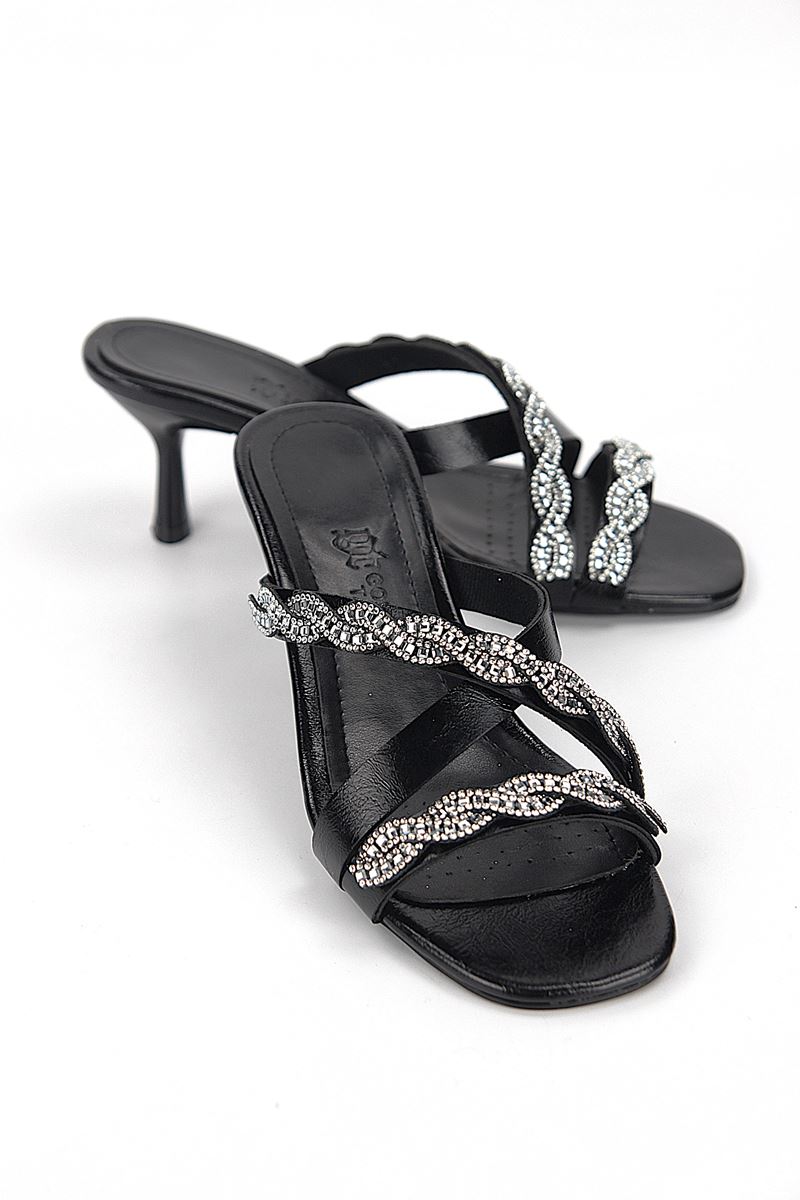 Elaris Esnek Yumuşak Kaymaz Taban (4 cm) Siyah Rugan  Çapraz Çift Sıra Burgu Gümüş Taş Kadın Topuklu Terlik