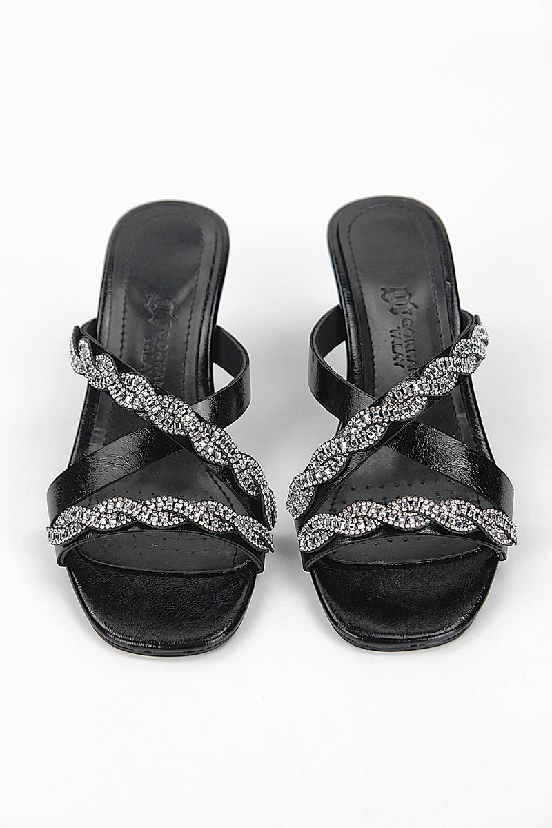Elaris Esnek Yumuşak Kaymaz Taban (4 cm) Siyah Rugan  Çapraz Çift Sıra Burgu Gümüş Taş Kadın Topuklu Terlik