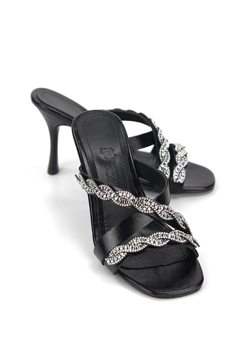 Velmora Esnek Yumuşak Kaymaz Taban (8 cm) Siyah Rugan  Çapraz Çift Sıra Burgu Gümüş Taş Kadın Topuklu Terlik