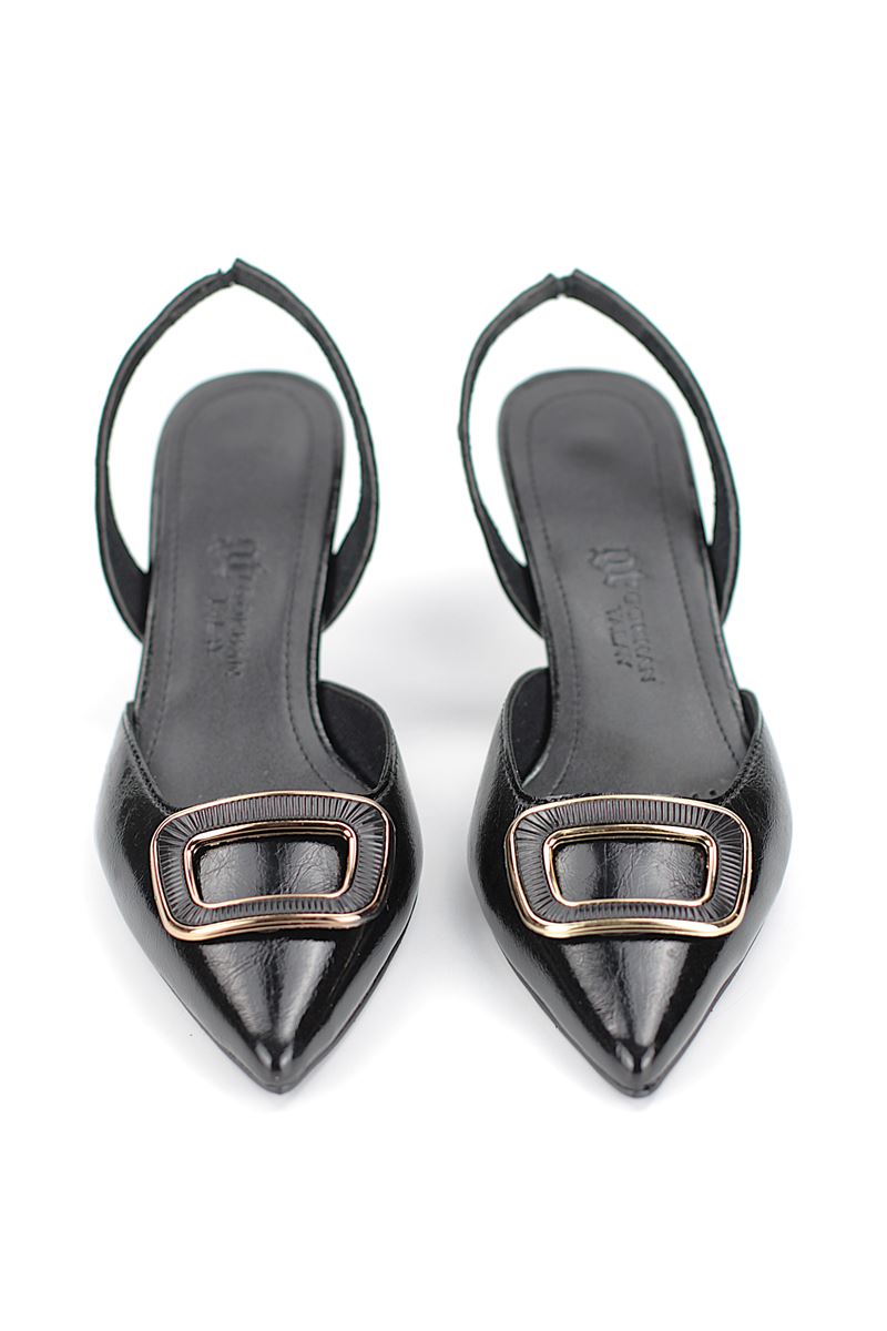 Veloura Esnek Kaymaz Taban Siyah Rugan Orta Topuklu(4 cm) Kemik Toka Detaylı Topuklu Ayakkabı