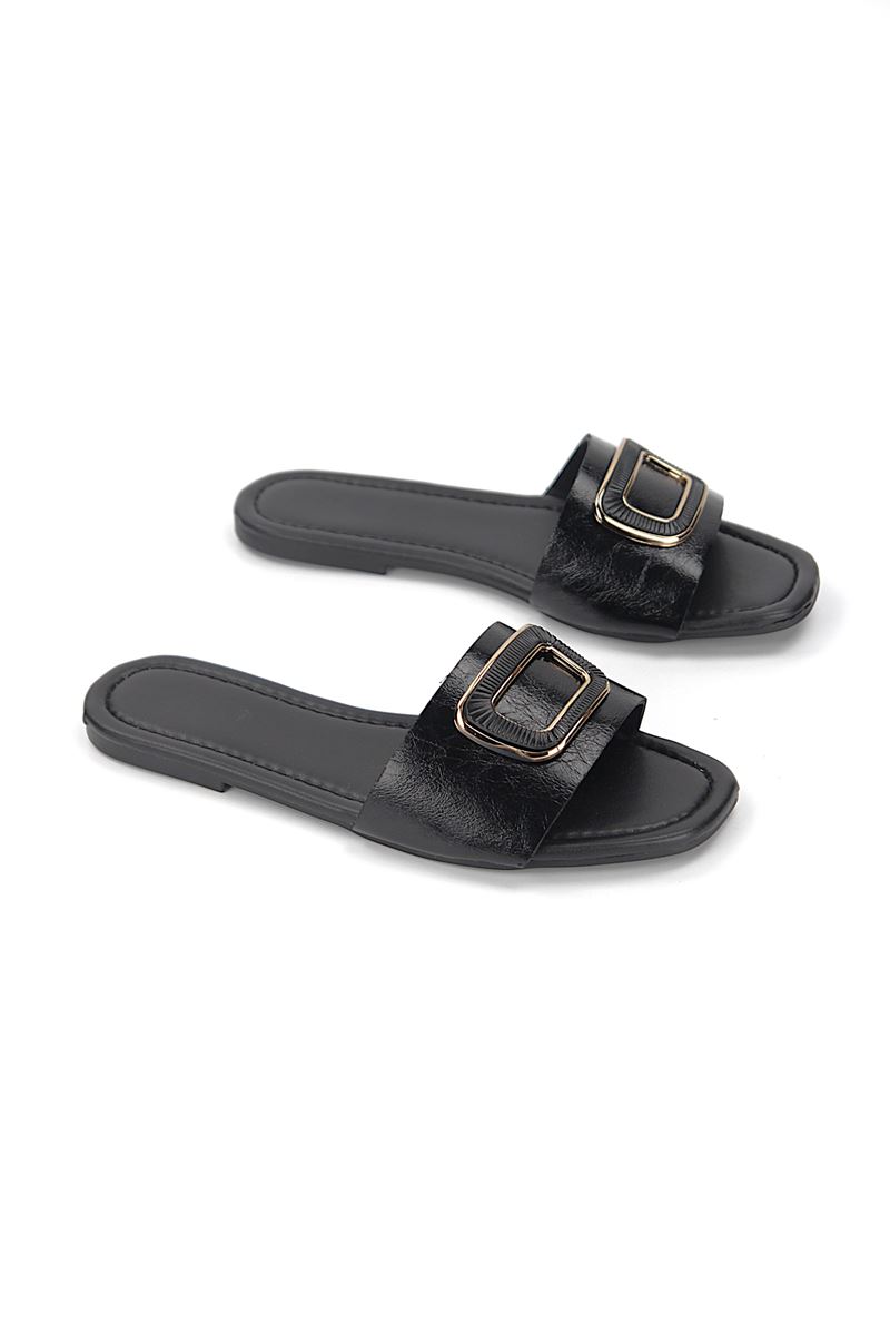 Alenya  Siyah Rugan Kemik Toka Detaylı Kadın Terlik