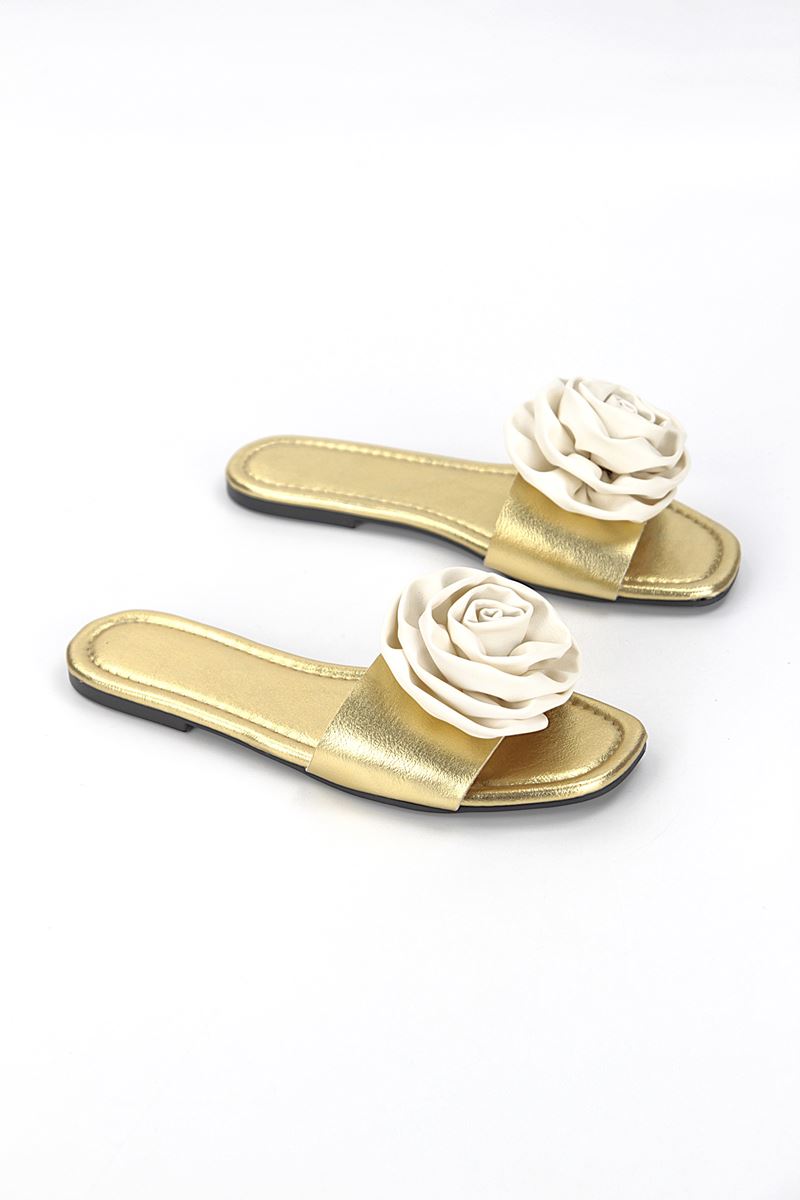 Velrosa Dore Metalik El Yapımı Beyaz Gül Detaylı Kadın Terlik