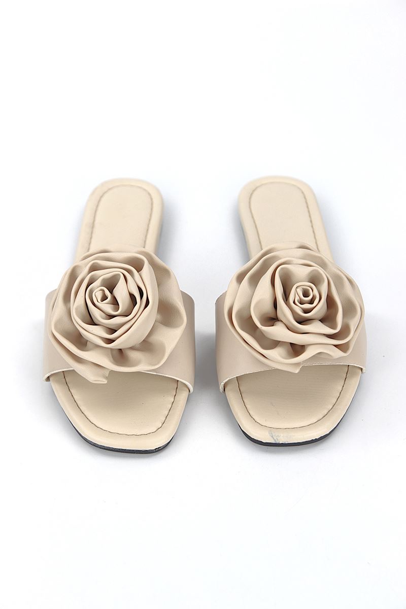 Rosenya Bej Cilt El Yapımı  Gül Detaylı Kadın Terlik