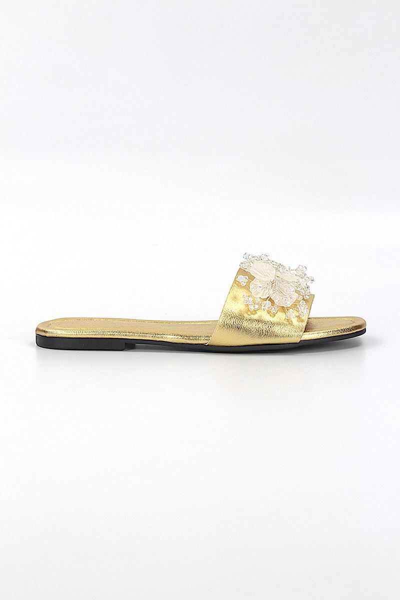 Florelle Dore Metalik El Yapımı  Şeffaf Yaprak Boncuk Detaylı Kadın Terlik