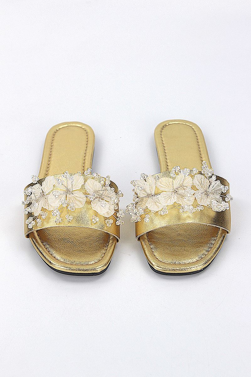 Florelle Dore Metalik El Yapımı  Şeffaf Yaprak Boncuk Detaylı Kadın Terlik