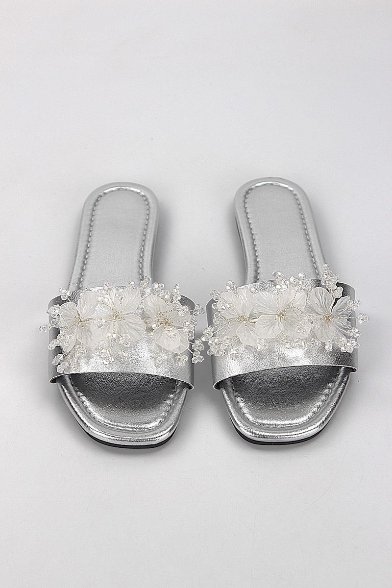 Florelle Lame Metalik El Yapımı  Şeffaf Yaprak Boncuk Detaylı Kadın Terlik