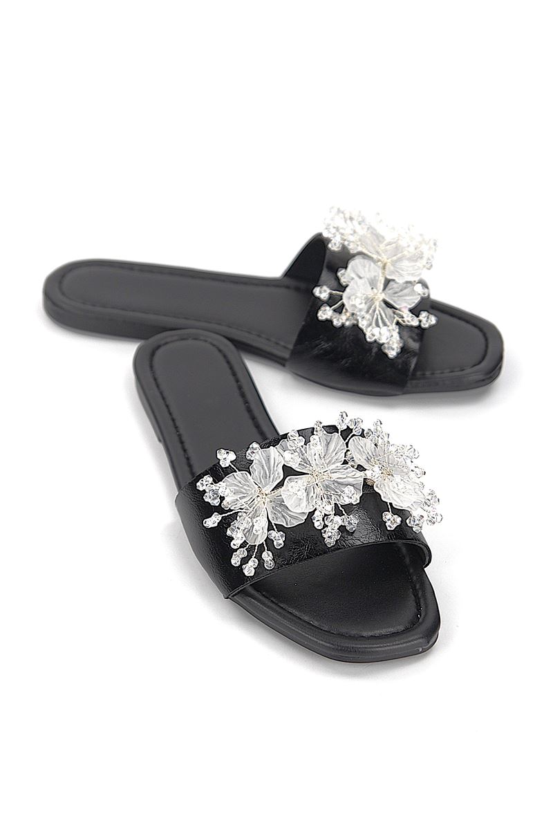 Florelle Siyah Rugan El Yapımı  Şeffaf Yaprak Boncuk Detaylı Kadın Terlik