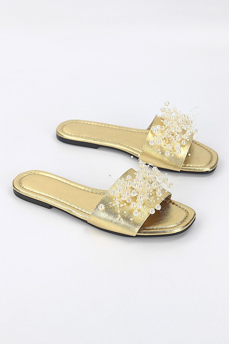 Jumana Dore Metalik El Yapımı Boncuk Detaylı Kadın Terlik