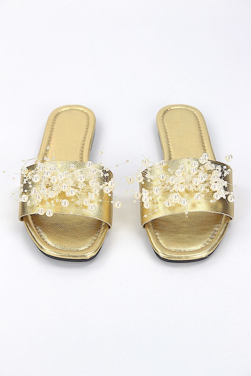 Jumana Dore Metalik El Yapımı Boncuk Detaylı Kadın Terlik