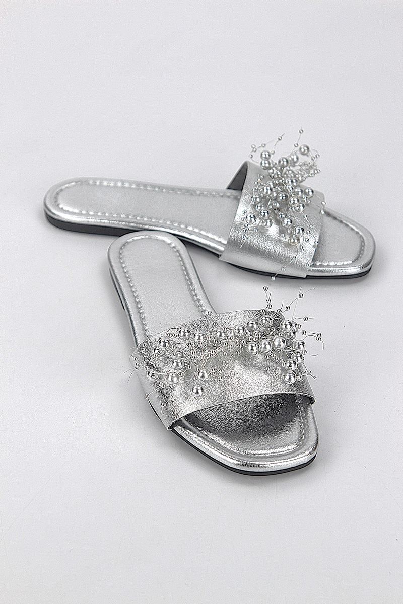 Jumana Lame Metalik El Yapımı Boncuk Detaylı Kadın Terlik
